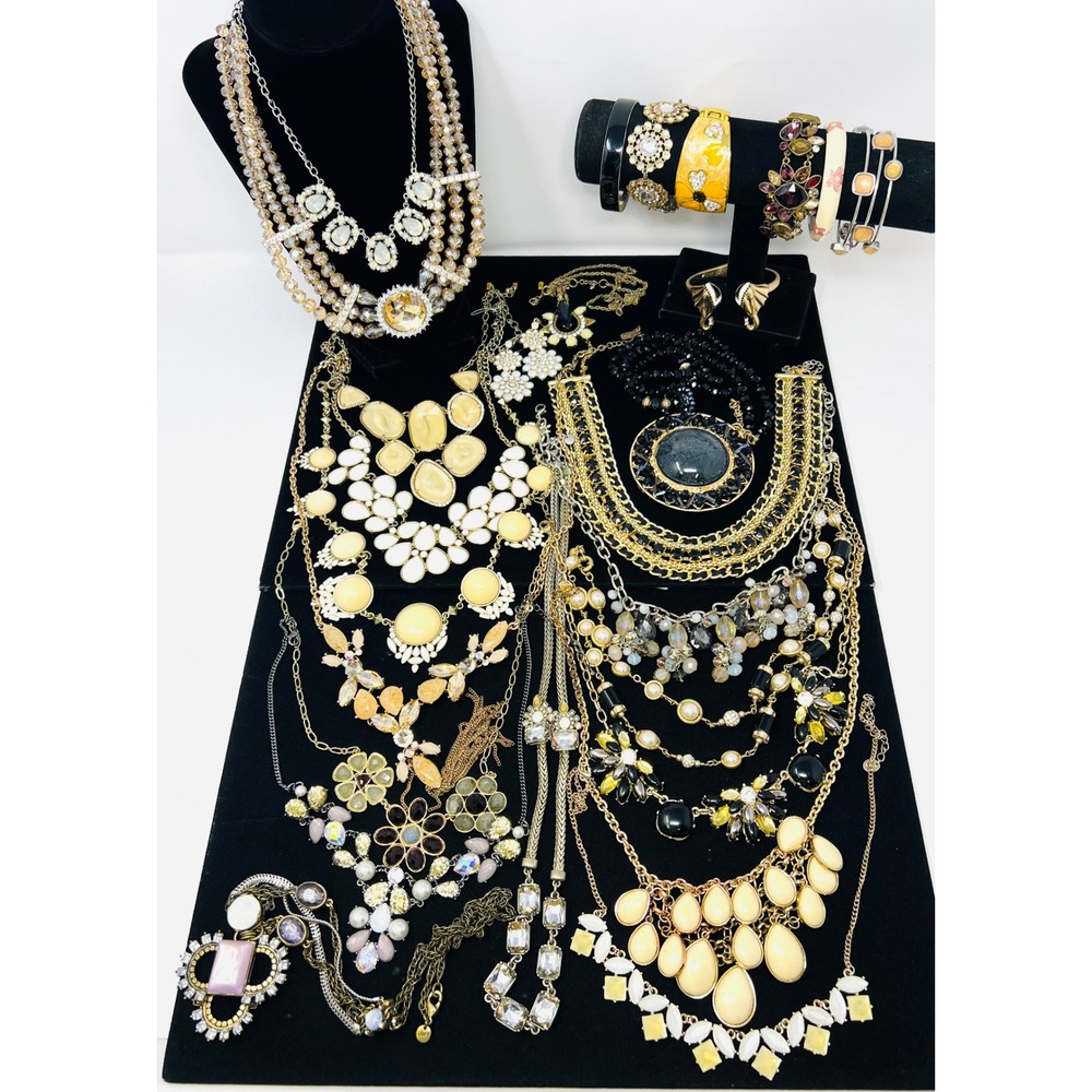 Modern Chunky Black & Cream Rhinestone Designer Statement Necklaces & Bracelet